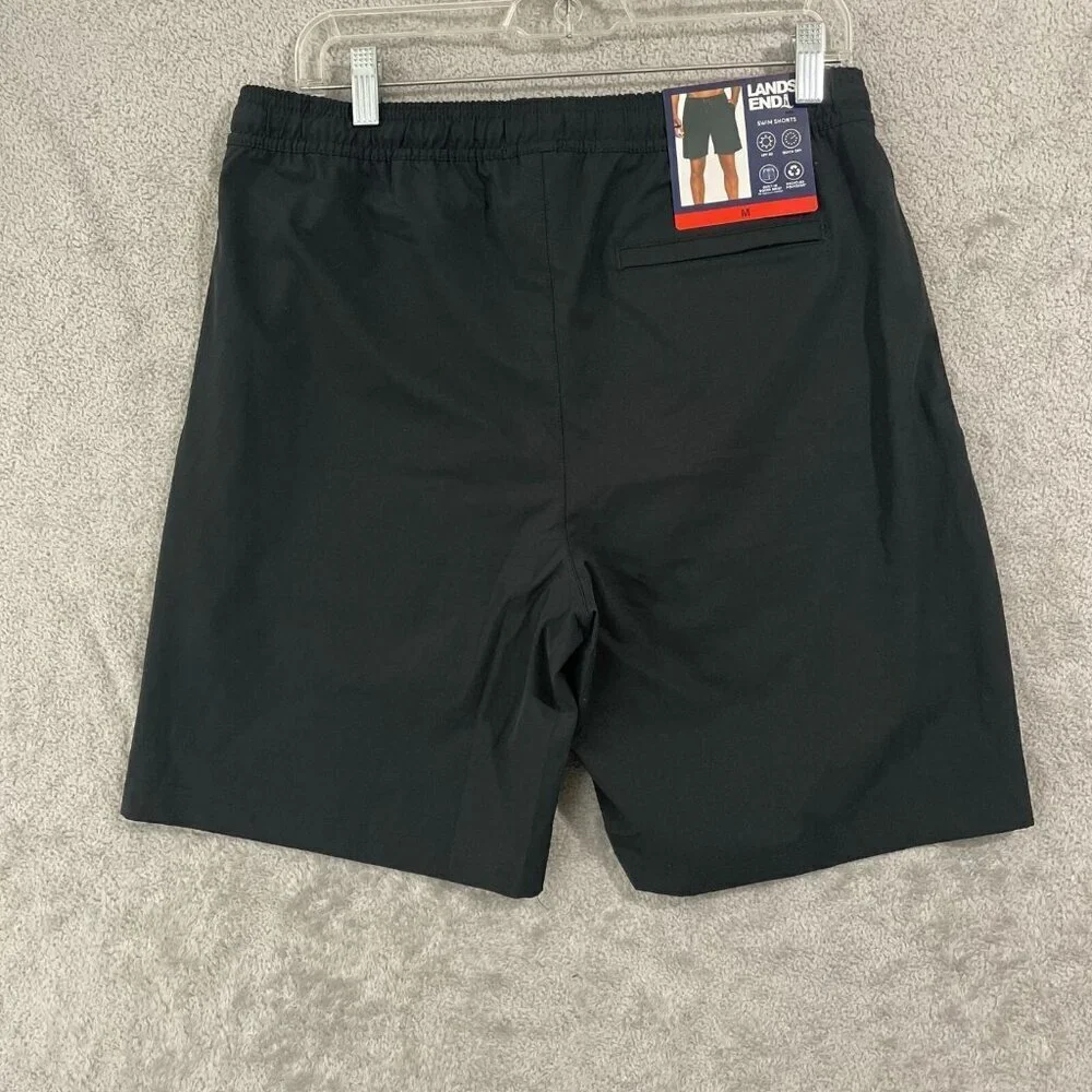 NEW Lands' End Mens M Black Swim Shorts With UPF 50 Quick Dry & Built-In Boxer